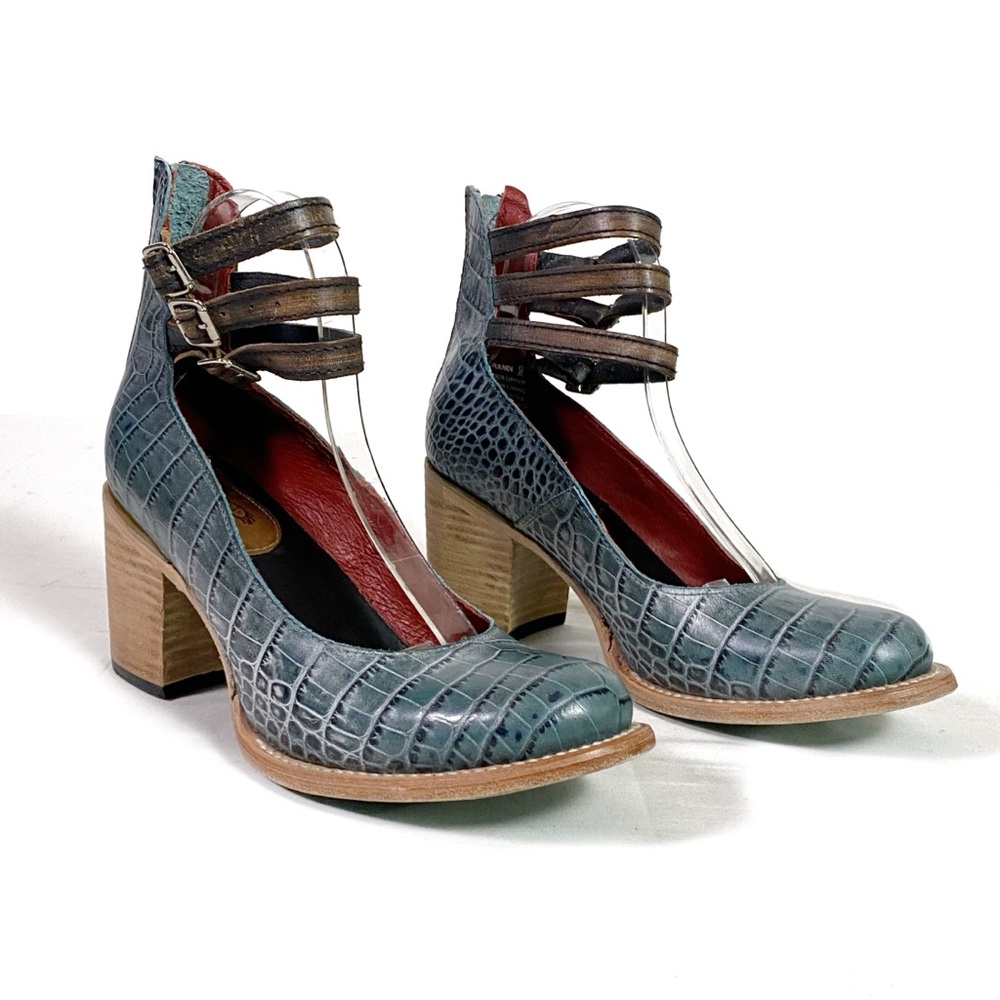 Freebird by Steven Teal Croc-Embossed Leather Block Heel Pumps with Brown Straps